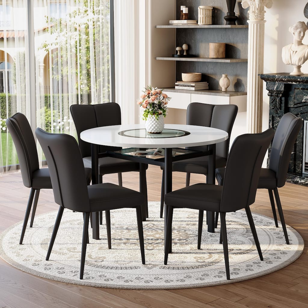7 Piece Dining Table Set with 42 Inch Round Top Glass Insert and 6 PU Chairs Striped Backrest