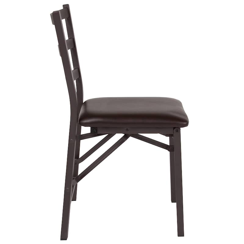 2 PK Brown Folding Ladder Back Metal Chair - Brown Vinyl Seat - Dining Furniture