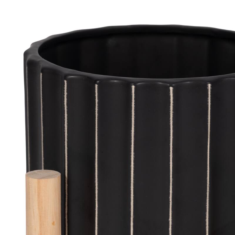 Ceramic Fluted Planter with Wood Stand - Black