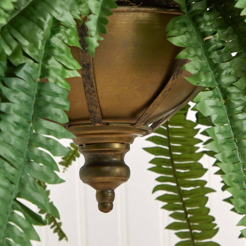 Artificial Hanging Fern Plant Indoor - 39" Tall Metal Bowl Planter - Realistic Fake Tree Decor - Green