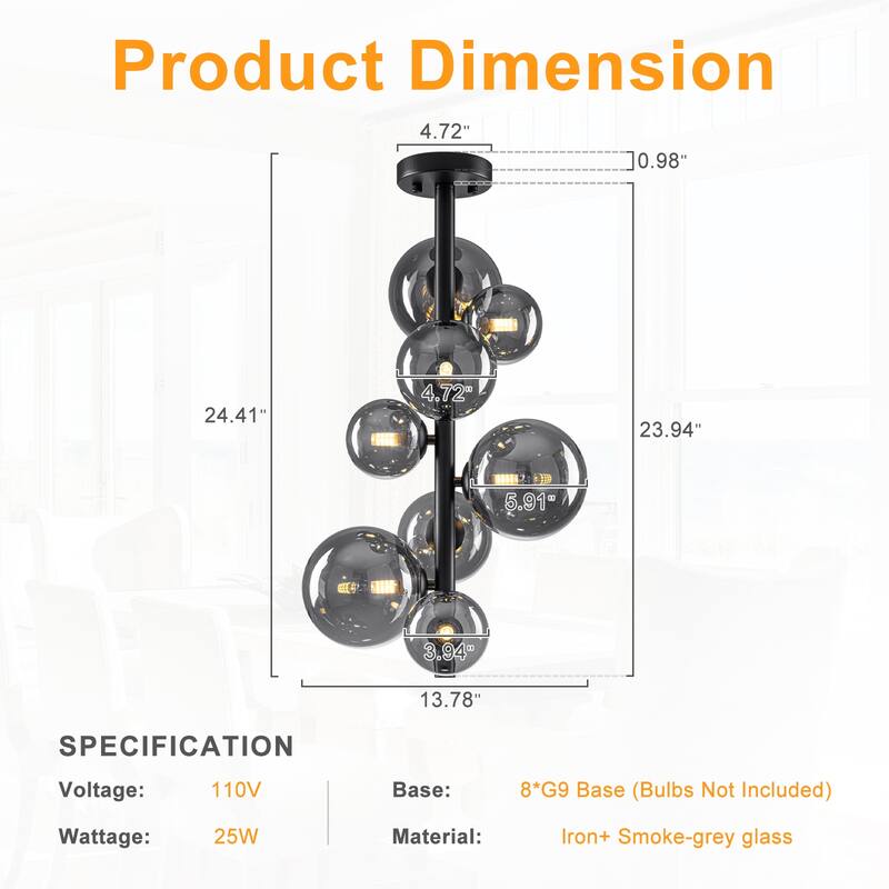 8 Lights Modern Semi-Flush Mount Ceiling Light Smoky Gray Glass Globe