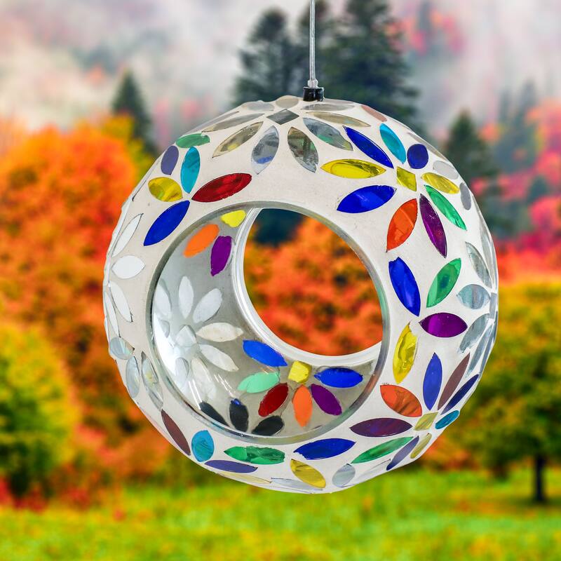 Hanging Bird Feeder Rainbow Daisies Mosaic Fly-Through Design - 6"
