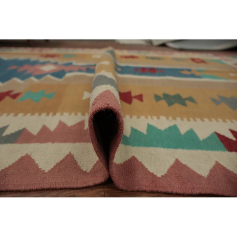 Hand Woven Oriental 100% Wool Carpet Southwestern Tribal Multi-Colored Kilim Runner Rug - 14' 7'' X 4' 11''