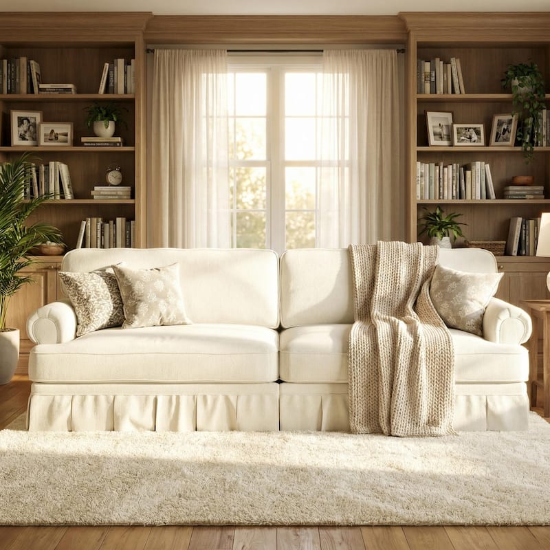 Homy Casa 3/4-Seater Chenille Cloud Sofa with Rolled Arms & Pleated Skirt, Extra Deep Seat, Multiple Colors - 4 - Beig