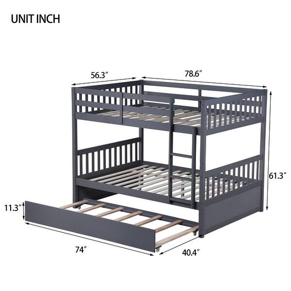 dimension image slide 2 of 3, Aesthetic Full Over Full Rubber Wood Kids Bunk Bed with Trundle,Ladder and Guardrails,Convertible Beds