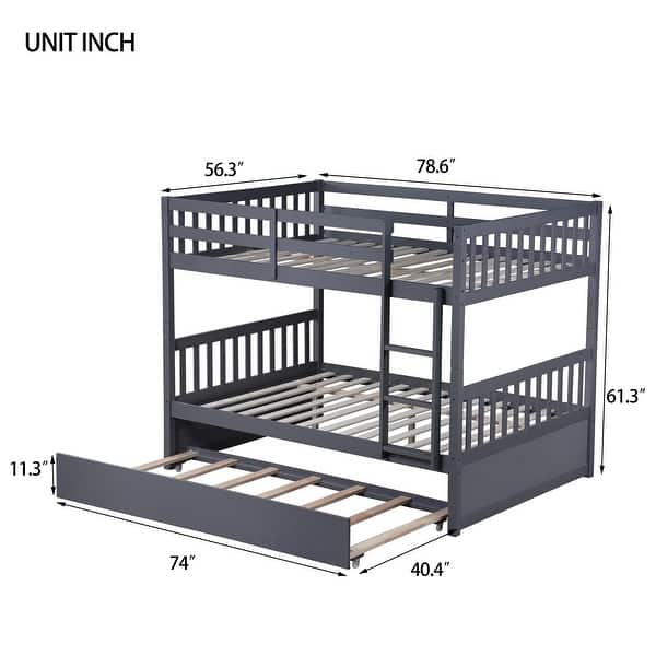 Modern Design Rubber Wood Bunk Bed with Trundle, Ladder and Guardrails, Full Over Full, Taupe