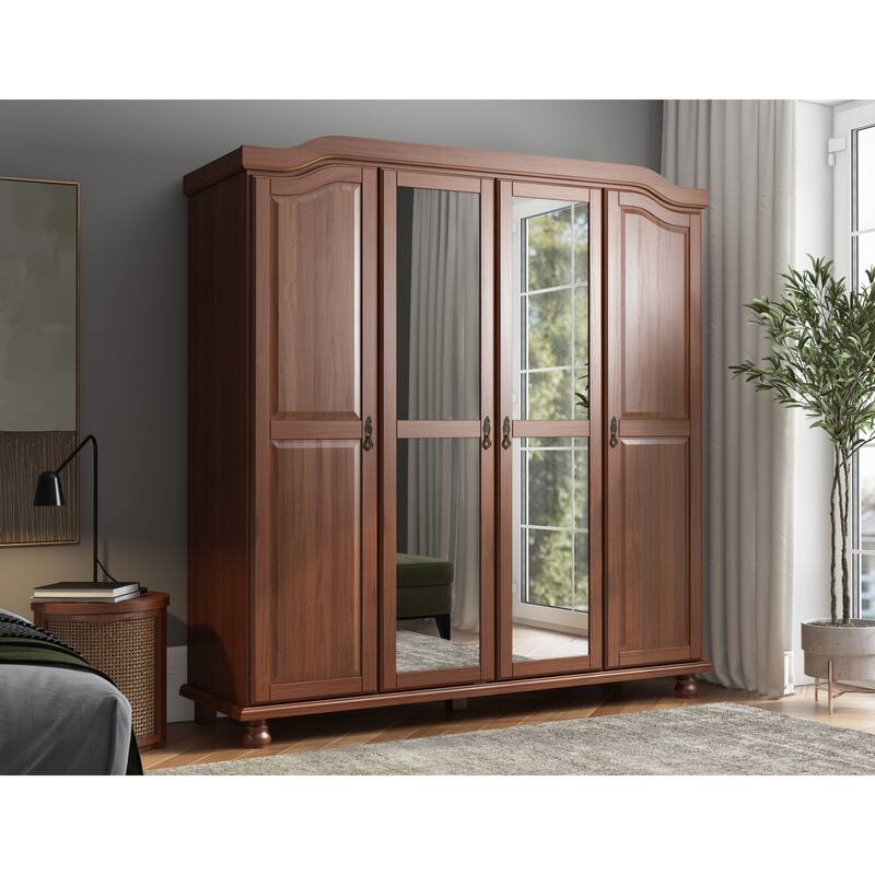 100% Solid Wood Kyle 4-Door Wardrobe Armoire by Palace Imports - Mocha-Mirror