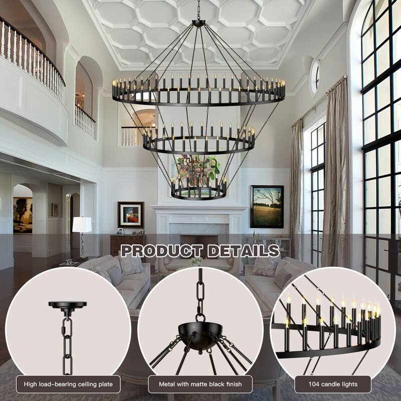 Extra Large Black Wagon Wheel Chandelier - Adjustable Farmhouse Lighting for High Ceilings