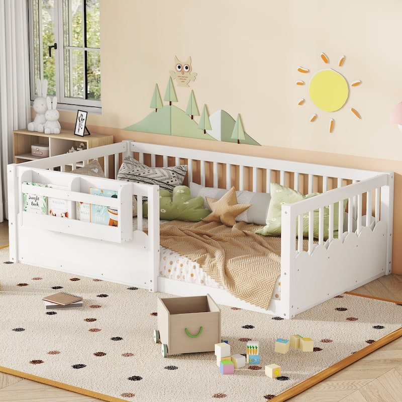 Montessori Floor Bed Kids Bed Frame with Heightened Fence and Bookshelf, Wavy Decoration Wood Platform Bed, No Slats Design