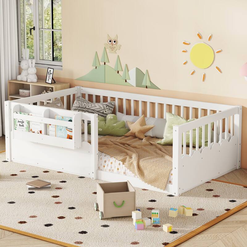 Roomfitters Floor Bed with Bookshelf and Heightened Fence, Solid Wood Frame with Guardrails