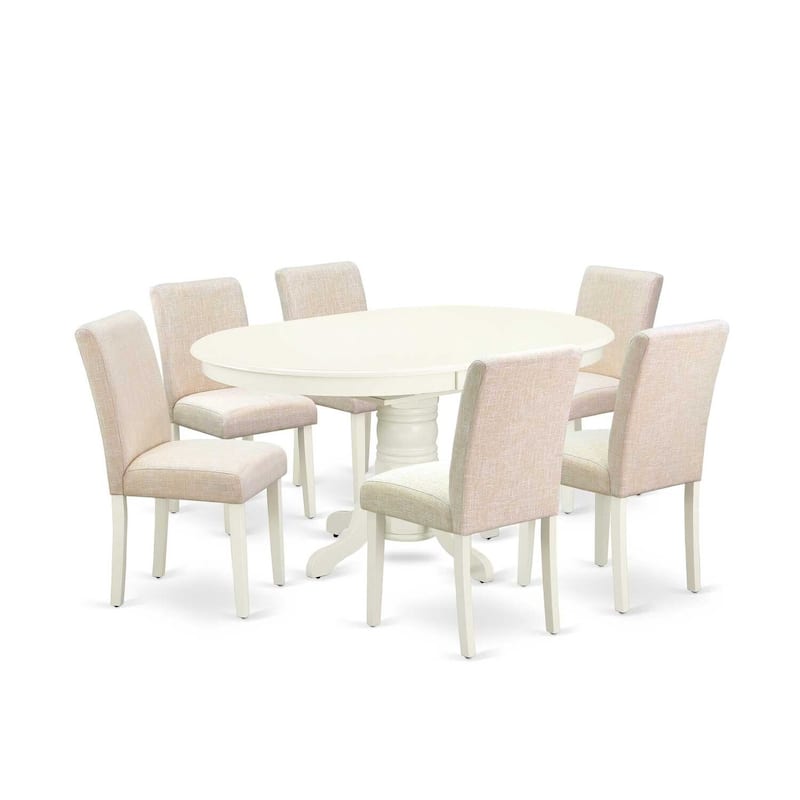 Dinette Set 7Pc Oval Table w/ Leaf & 6 Parsons Chairs - Linen White Legs, Beige Fabric