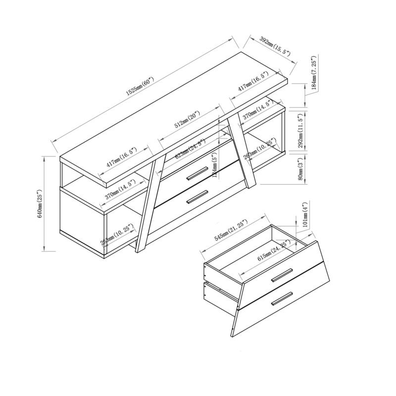 Two drawer tv stand cabinet tall with two cubbies divided shelf modern design