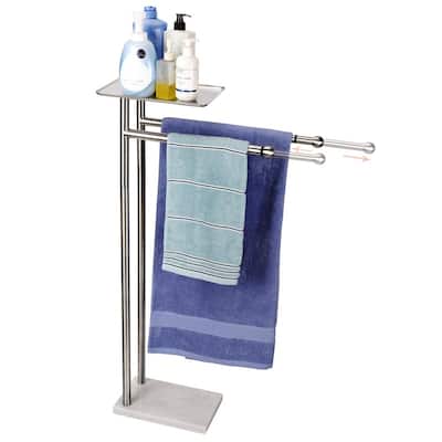 Towel Rack with Tray at The Top, Freestanding Bath Towel Holder with Adjustable Rods