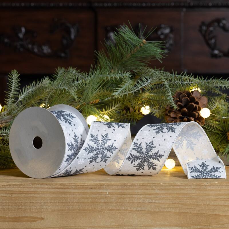 Snowflake Christmas Wired Craft Ribbon - 2.5" x 20 Yards - White and Silver