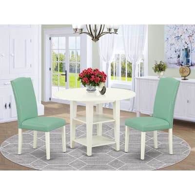 Vintage Dining Set 3Pc Table & 2 Chairs - 20x42" Table w/ Drop Leaves - Linen White Legs - PU Leather Seat