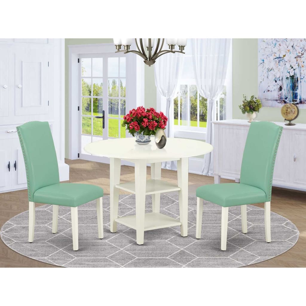 Vintage Dining Set 3Pc Table & 2 Chairs - 20x42" Table w/ Drop Leaves - Linen White Legs - PU Leather Seat