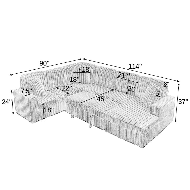 Corduroy Upholstered Reclining Sofa U-shaped Sleeper Sectional Couch with Pull Out Bed, Storage Chaise and Adjustable Backrests