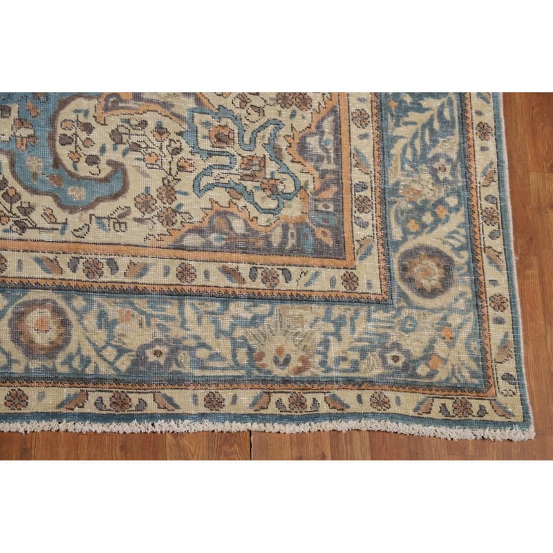 Floral Tabriz Persian Rug Handmade Blue Traditional Wool Carpet - 9'9"x 12'9"
