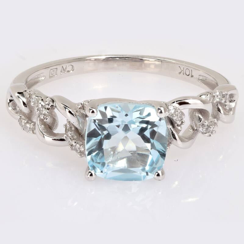 Miadora Cushion Sky Blue Topaz and 1/10ct TDW Diamond Link Engagement Ring in 10k White Gold