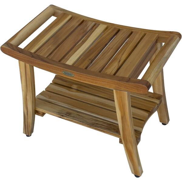 Compact Curvilinear Teak Shower Outdoor Bench with Shelf in Natural Finish Compact Curvilinear Teak Shower Outdoor Bench with Shelf in Natural Finish