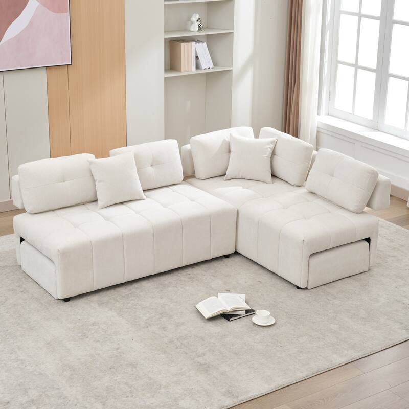 91.73" L-Shaped 4-Seat Sectional Sofa with 2 Hidden Stools, 2 Removable Lumbar Cushions, and Durable Chenille Fabric