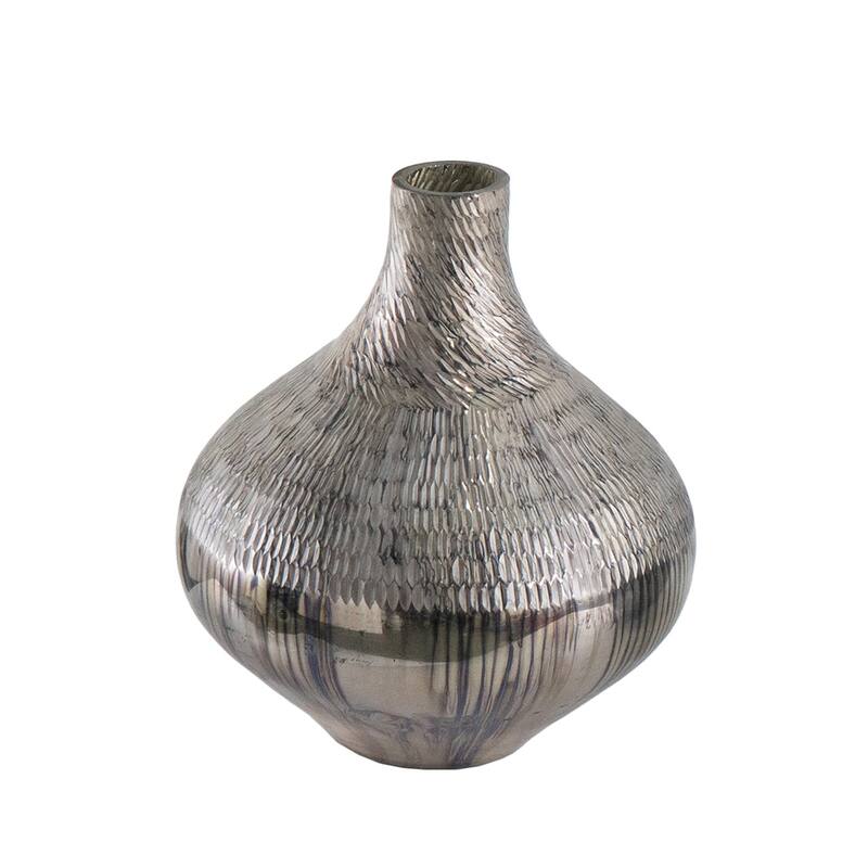 D9x10" Silver Glass Vase with Geometric Textured Pattern Modern Home Decor