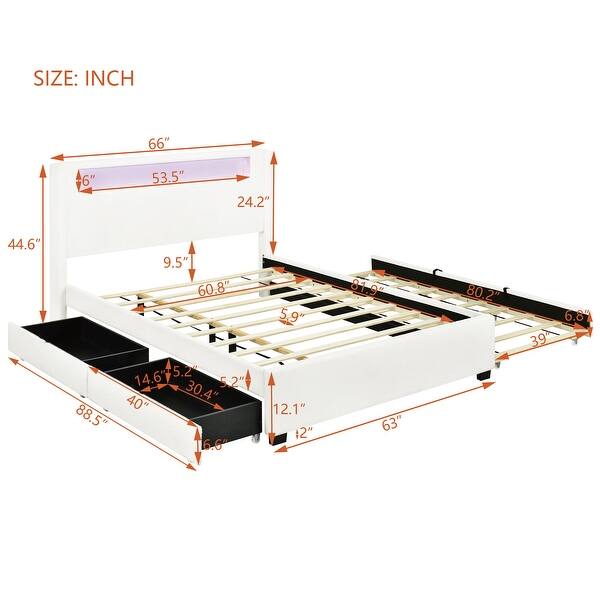 dimension image slide 1 of 2, Queen Platform Bed with RGB LED, Trundle, and Storage