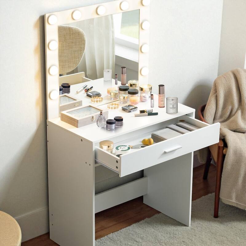 Makeup Vanity Desk with Mirror and LED Lights, Large Drawer, Adjustable Brightness and Storage Shelf