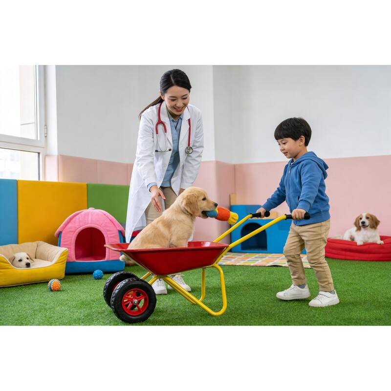 Heavy-Duty Steel Children's Garden Trolley - 33lb Capacity Two-Wheel Cart with Steel Tray, Red