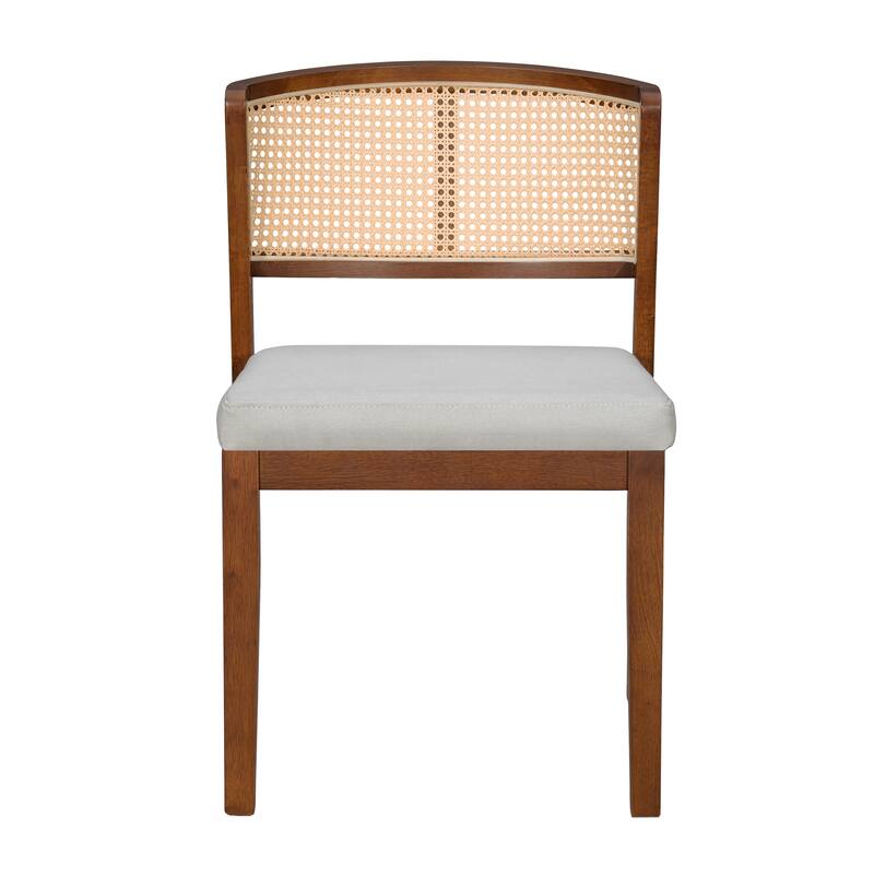 Set of 2 Rattan Dining Chairs - Fabric Upholstered Seat, Curved Rattan Back & Hardwood Frame, Armless