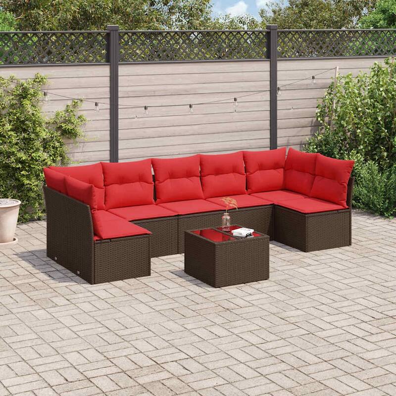 vidaXL 7/8 Piece Patio Sofa Set with Cushions Black/Brown/Gray Poly Rattan - 24.4 x 24.4 x 27.2 - Brown and red With table