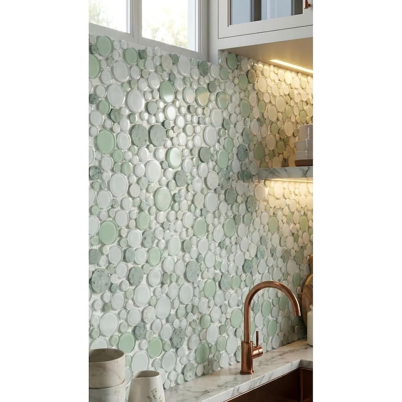 Green & White Pebble Round Glass And Marble Mosaic Tile - Case (10 Sheets)