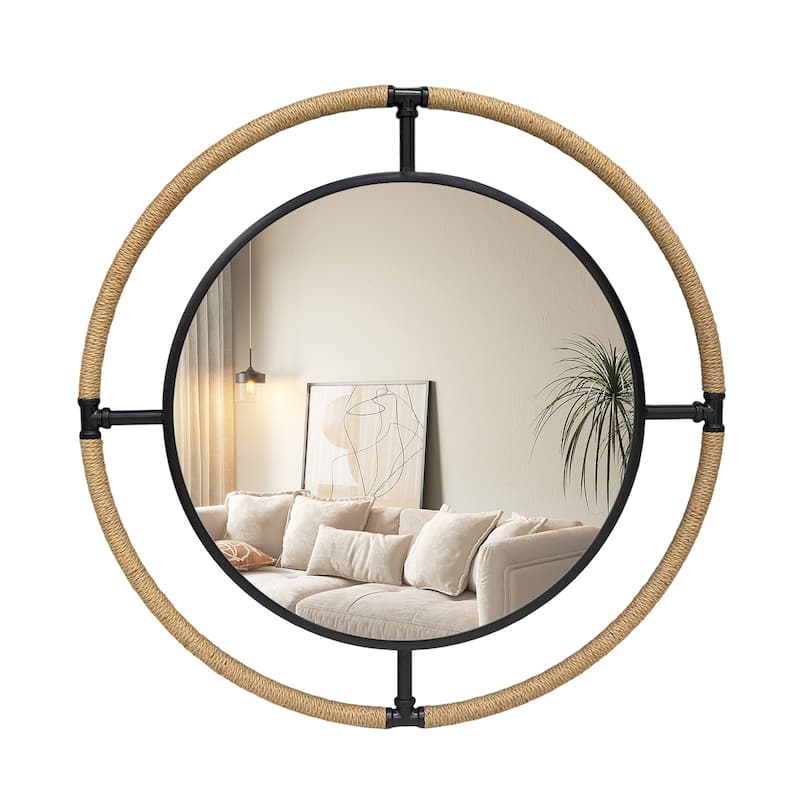 Coastal Rope & Iron Round Wall Mirror Hanging Decor for Living Room - 32"X32"