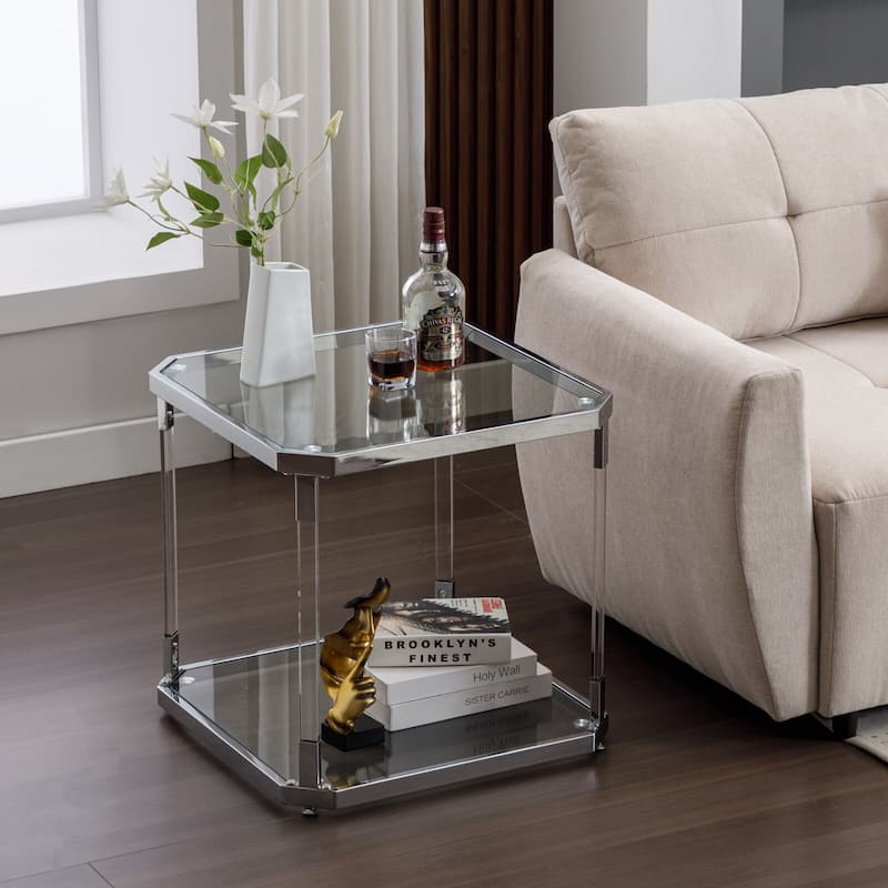 Saziye Modern Square Glass End Table with Storage Shelf