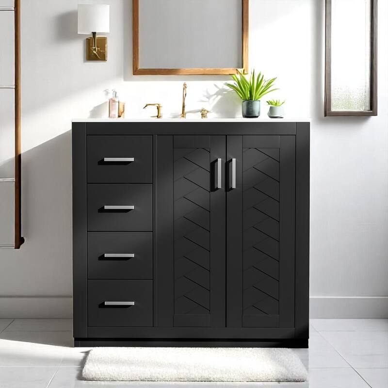 36 Inch Bathroom Vanity with Sink Combo, Modern Storage Cabinet with 3 Drawers, Undermount Ceramic Basin - Black
