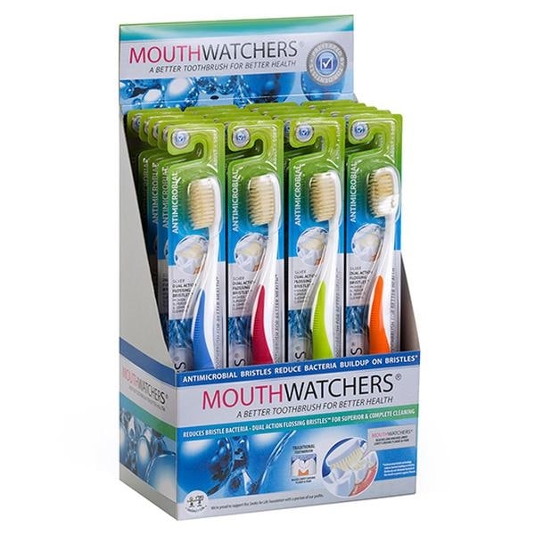 Mouth Watchers Antibacterial Adult Toothbrush Display Case - Assorted Colors - Case of 20