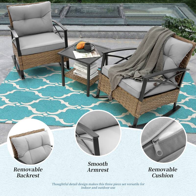 HOMEFUN 3-Piece Rattan/Wicker Outdoor Patio Rocking Cushions Chairs With Table