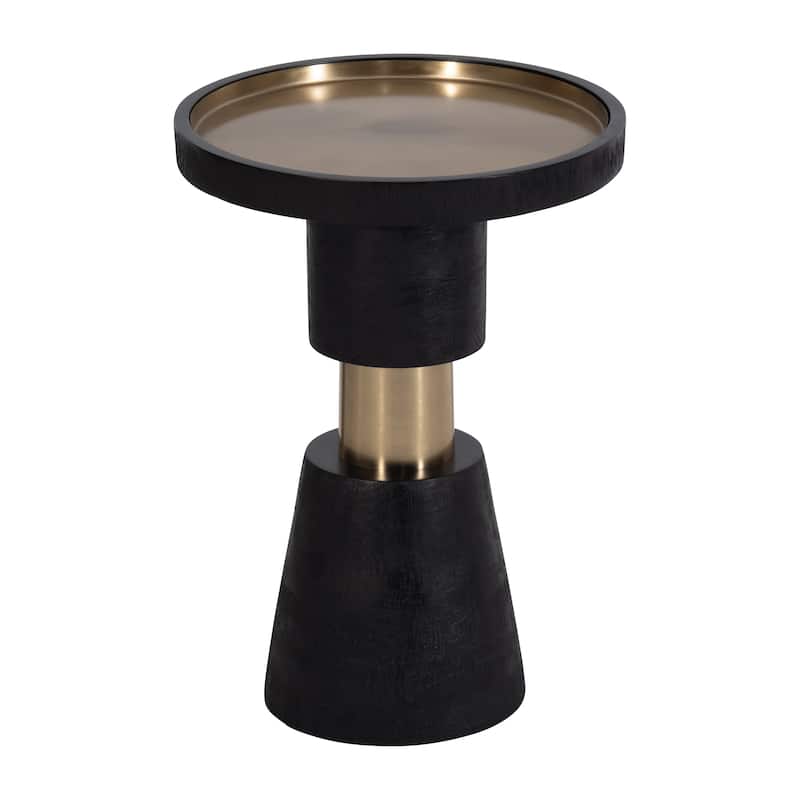 21"H Black and Gold Banded Metal Round Side End Table with Wood and Iron Accent Construction for Modern Living