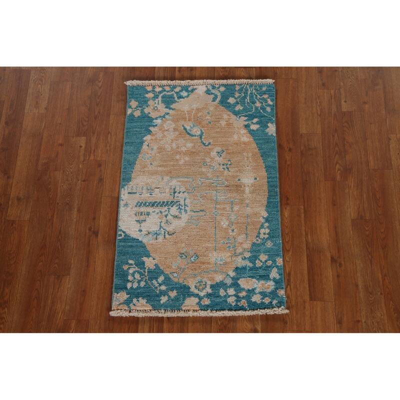 Hand Knotted Oriental 100% Wool Carpet Transitional Animal Pictorial Peach Oushak Area Rug - 2' 11'' X 1' 11''