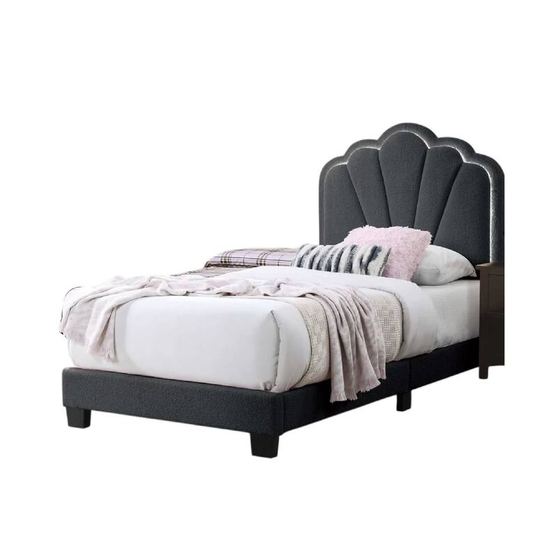 Roxy Twin Bed, Charcoal Gray Wool, LED Lighting, Padded Headboard
