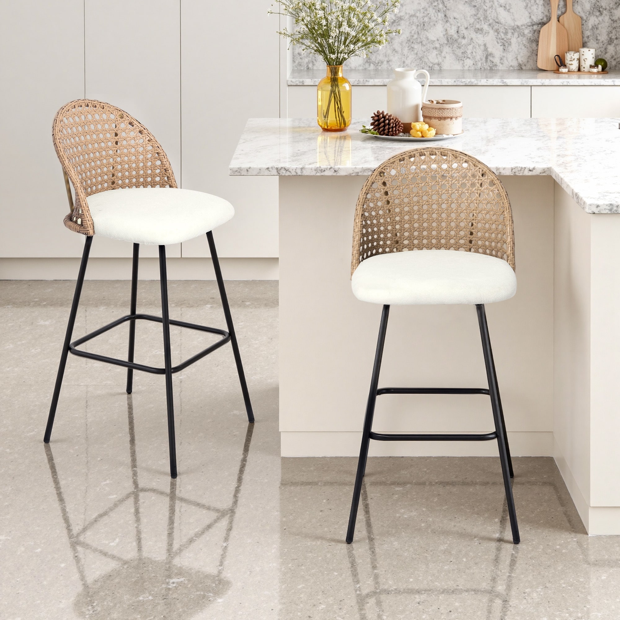 2 Set Rattan 29.5" Upholstered Chenille Full Back Counter Stool