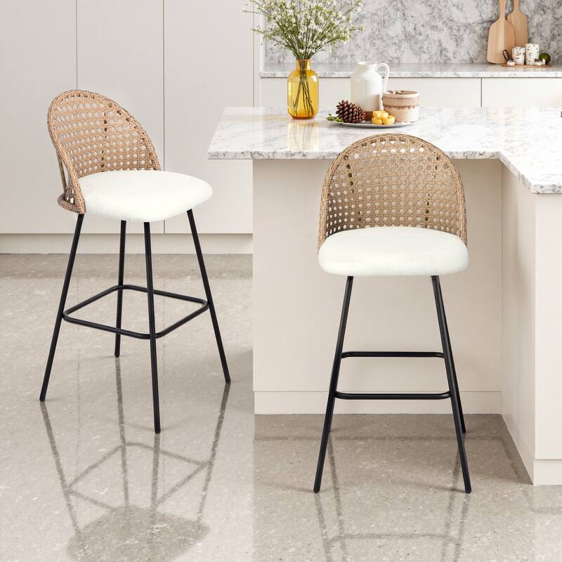 Coastal Rattan Back Counter Height Upholstered Bar Stools - Beige - Set of 2