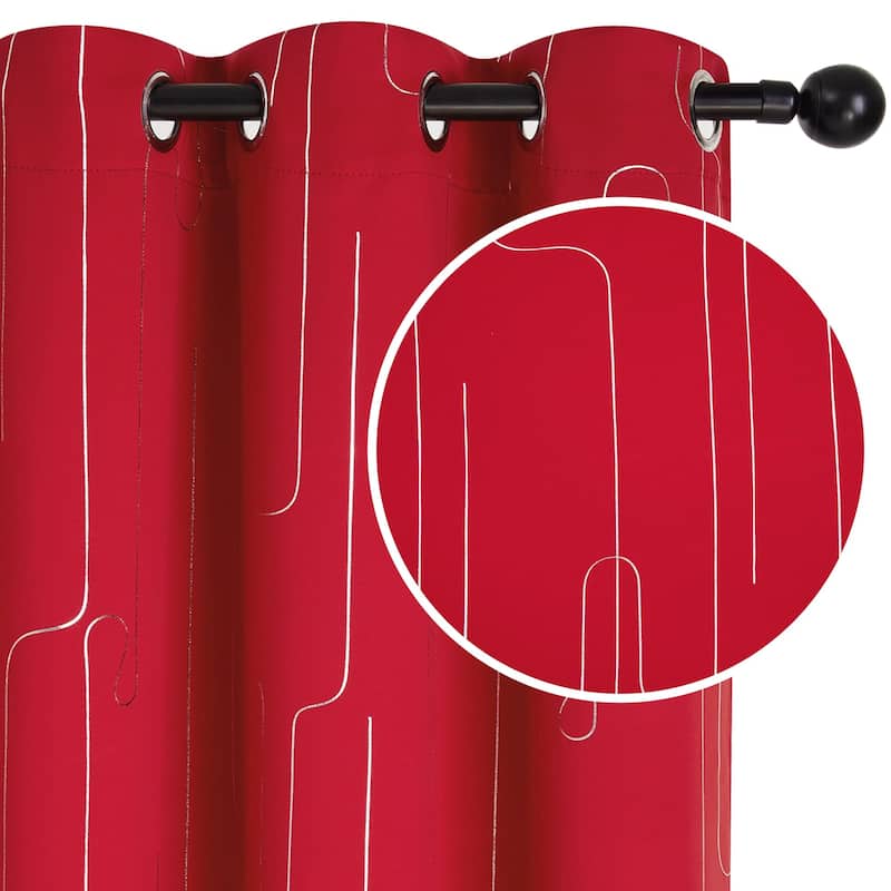 Grommet Curtains, Room Darkening Window Drapes with Lines Foil Print - W42 X L72 - Red