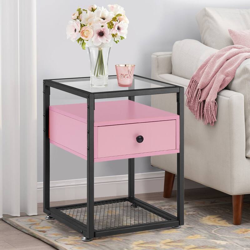 VECELO Modern 1-Drawer Nightstands with Tempered Glass Top
