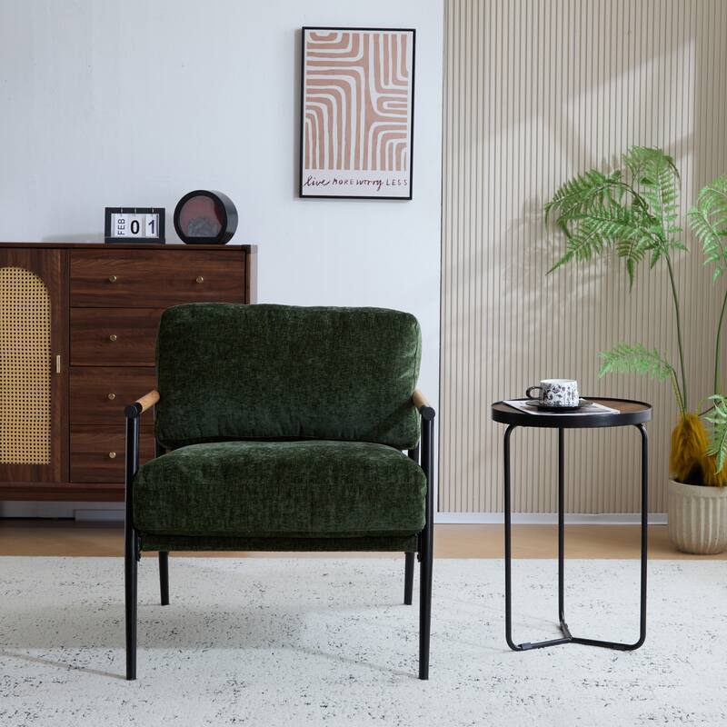 27.56" Modern Accent Chair w/ Plush Cushions & Minimalist Metal Frame & Wooden Armrest Design