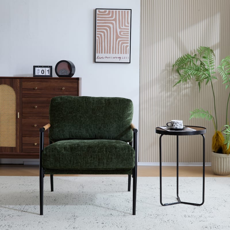 Roomfitters 27.56" Modern Accent Chair with Plush Cushions, Metal Frame and Wooden Armrest Design