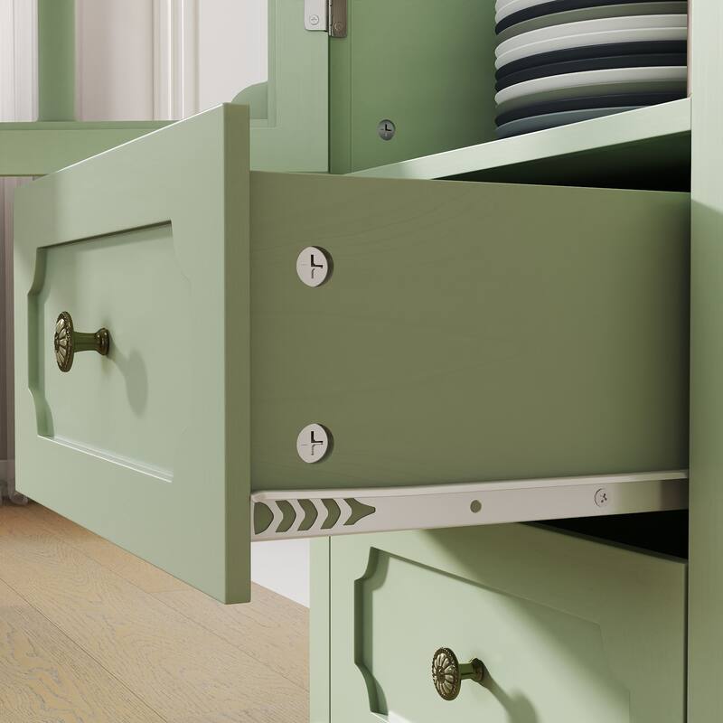 Buffet Cabinet with Glass Doors & 2 Drawers, Multi-Functional Wooden Storage Cabinet, Accent Cabinet with Solid Wood Legs