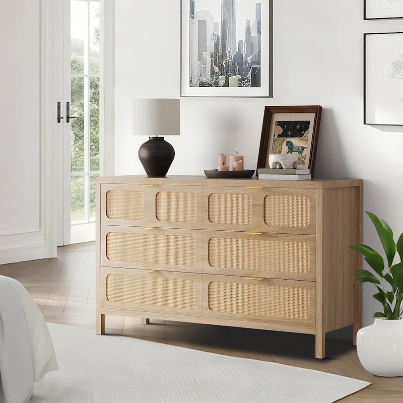 Vintage 6 Drawer Rattan Dresser TV Stand for Bedroom, Living Room