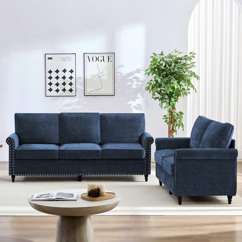 Mixoy 2 Piece Living Room Sofa Set with Riveted Design,Chenille Nailhead W76''3-Seater Sofa Couch with W53''Loveseat Sofa
