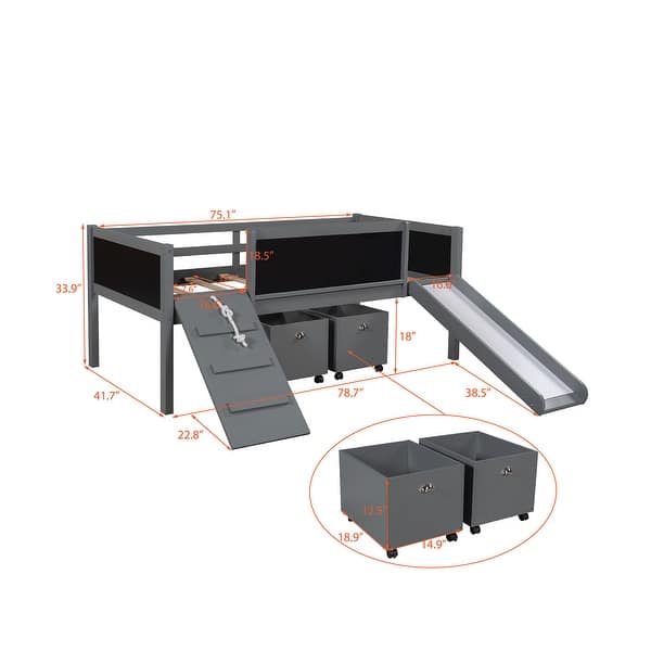 Twin Size Wood Loft Bed with 2 Storage Boxes & Double-Sided Chalkboard
